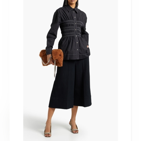 GANNI Women's Shirred organic cotton-poplin Black Blouse Size Small - Picture 3 of 17